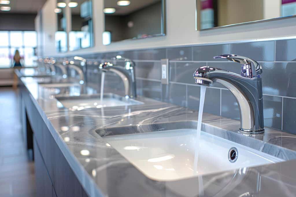 A series of sinks in a commercial building.