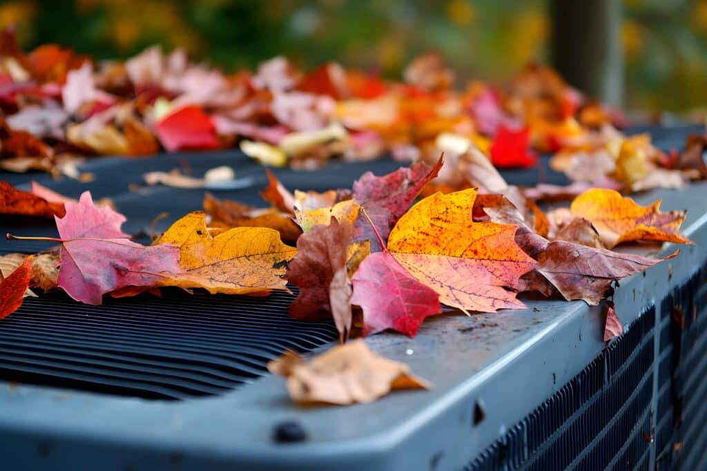 HVAC system with leaves in the fall while transitioning from cooling to heating