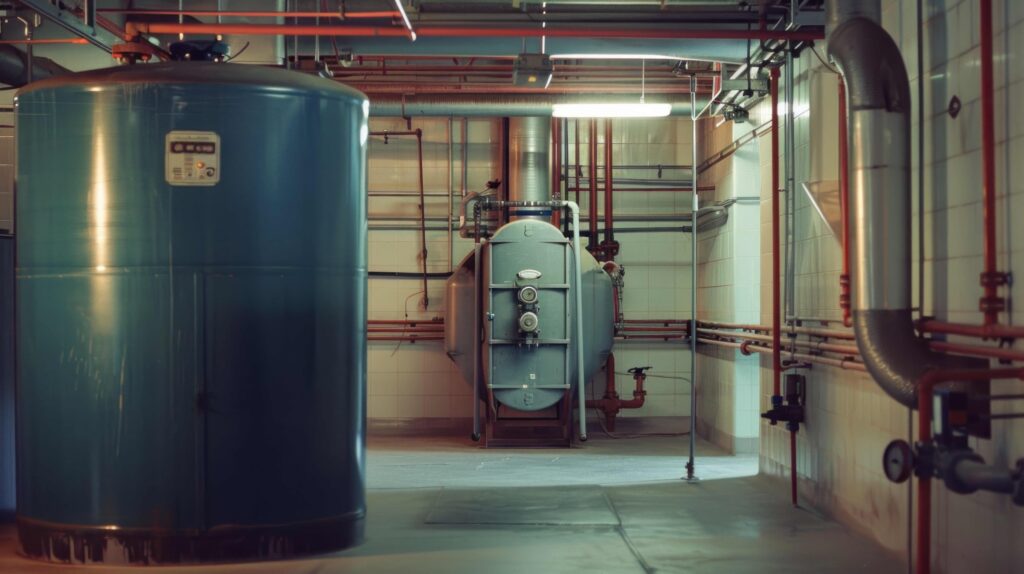 Commercial water heaters in a building's basement.