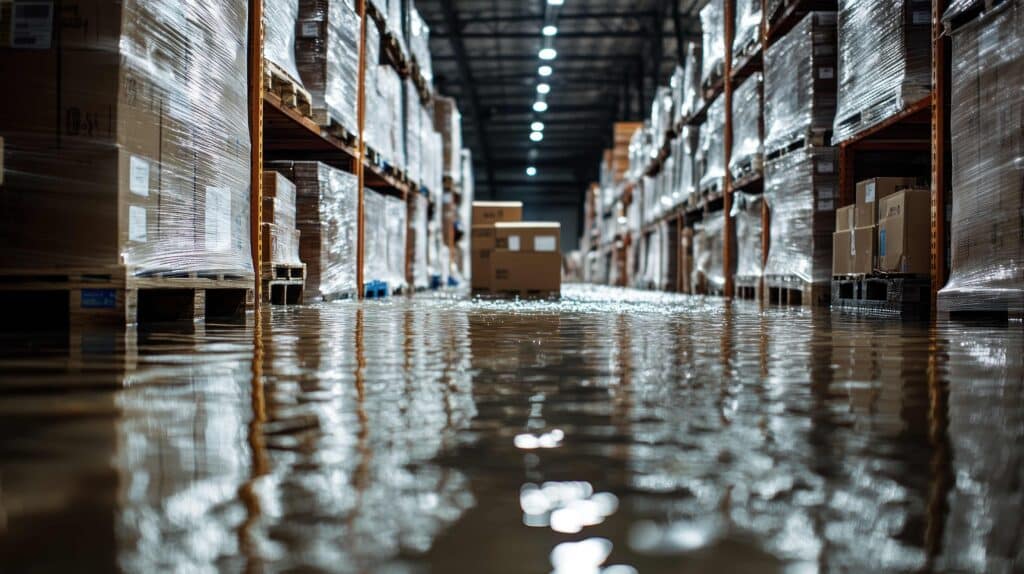 A wet floor in a warehouse showcasing the consequences of poor commercial plumbing maintenance