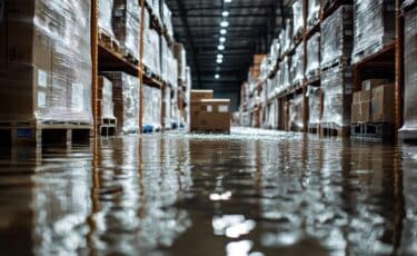 A wet floor in a warehouse showcasing the consequences of poor commercial plumbing maintenance