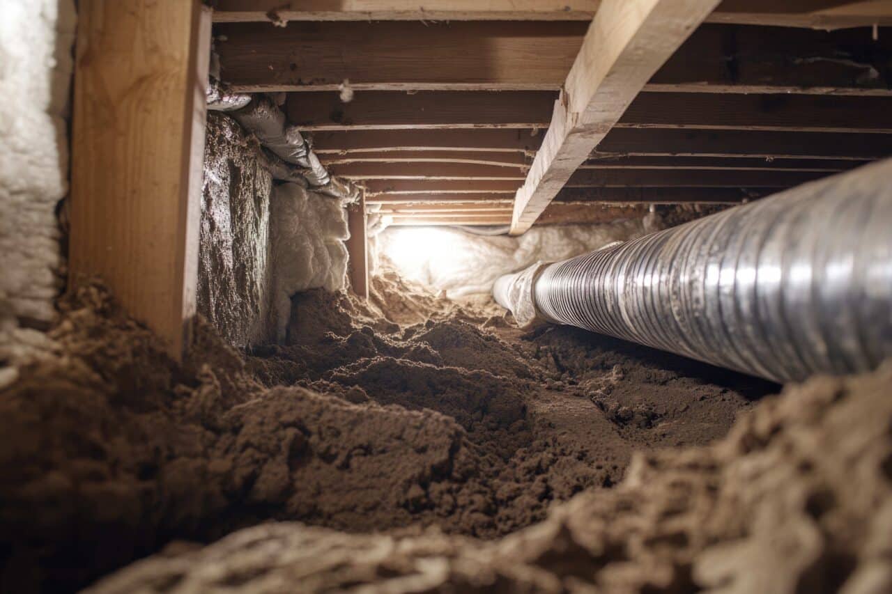 A dirty crawl space as an example of the effects of poor crawl space maintenance