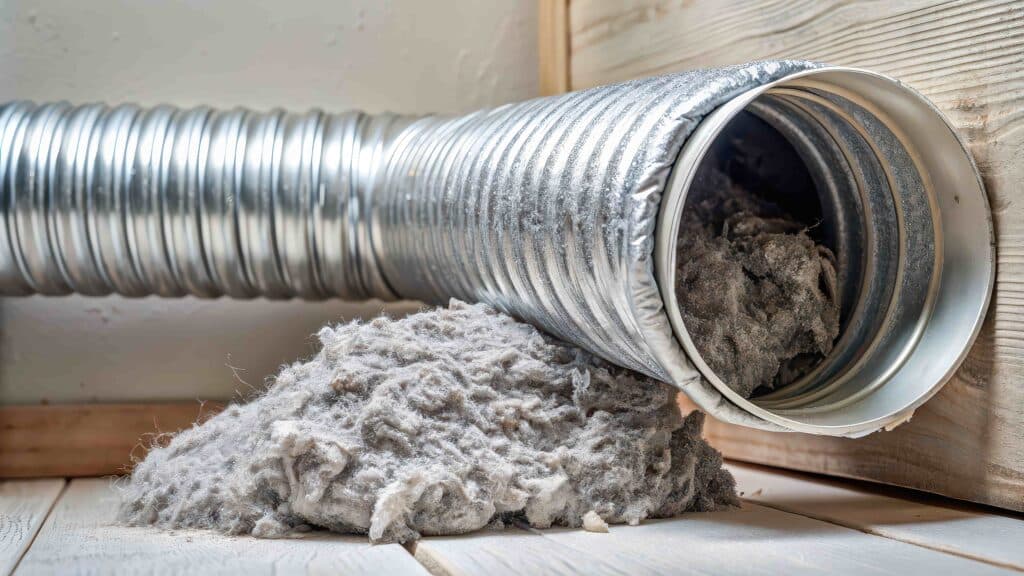 Flexible aluminum dryer vent duct filled with lint, dust and dirt , laundry, dirty, vent, ductwork, flexible, aluminum, dryer vent cleaning service